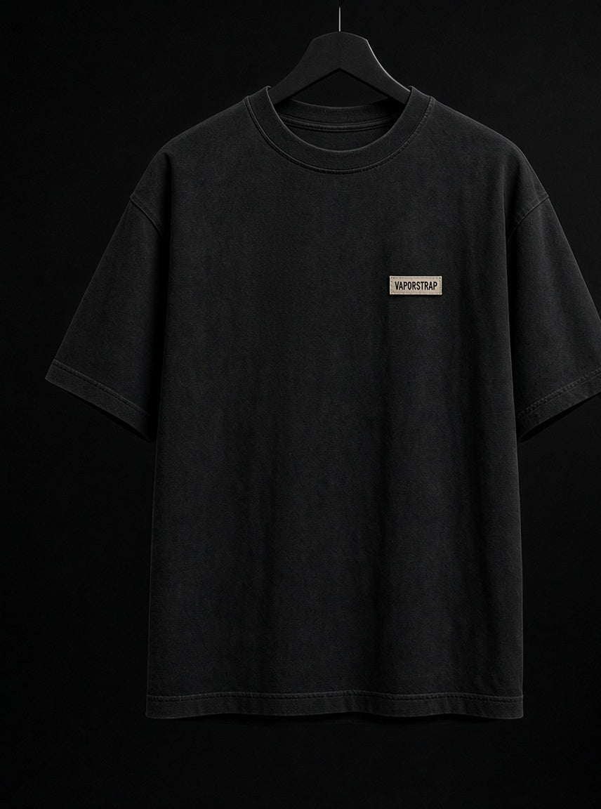 Loud Not Liked – black heavyweight graphic t-shirt, front print, small VaporStrap chest logo