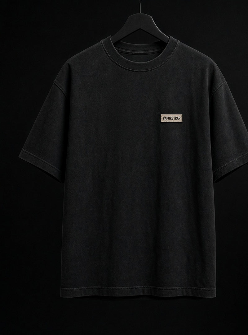 Loud Not Liked – black heavyweight graphic t-shirt, front print, small VaporStrap chest logo