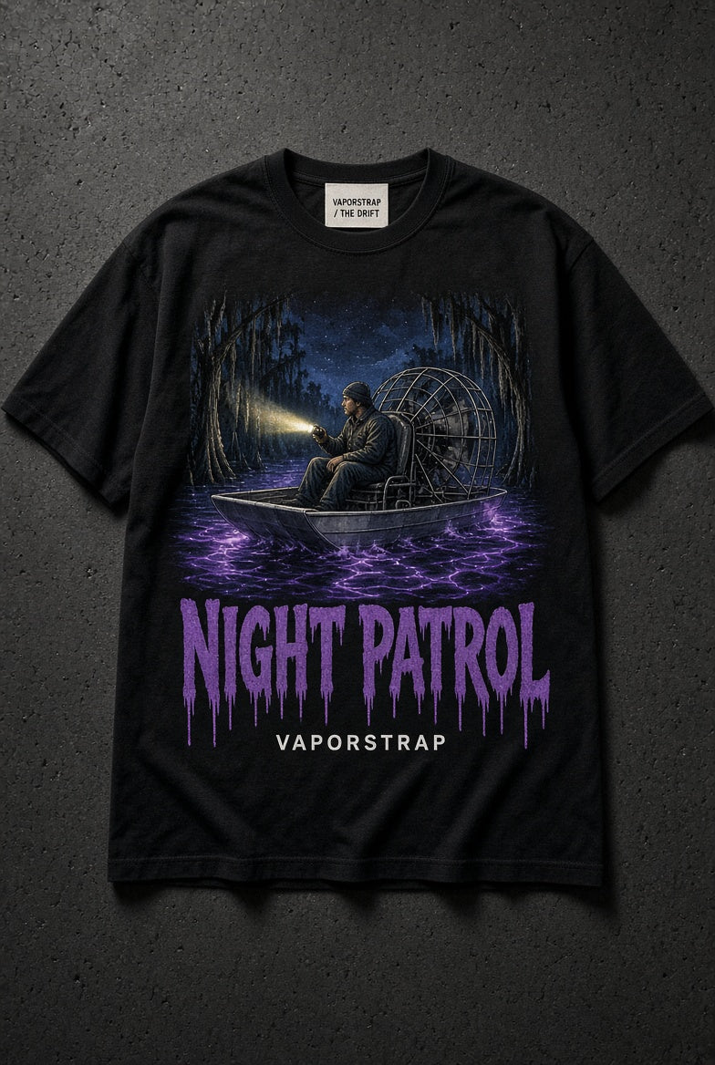 Night Patrol Tee – Black — Night Patrol swamp airboat graphic