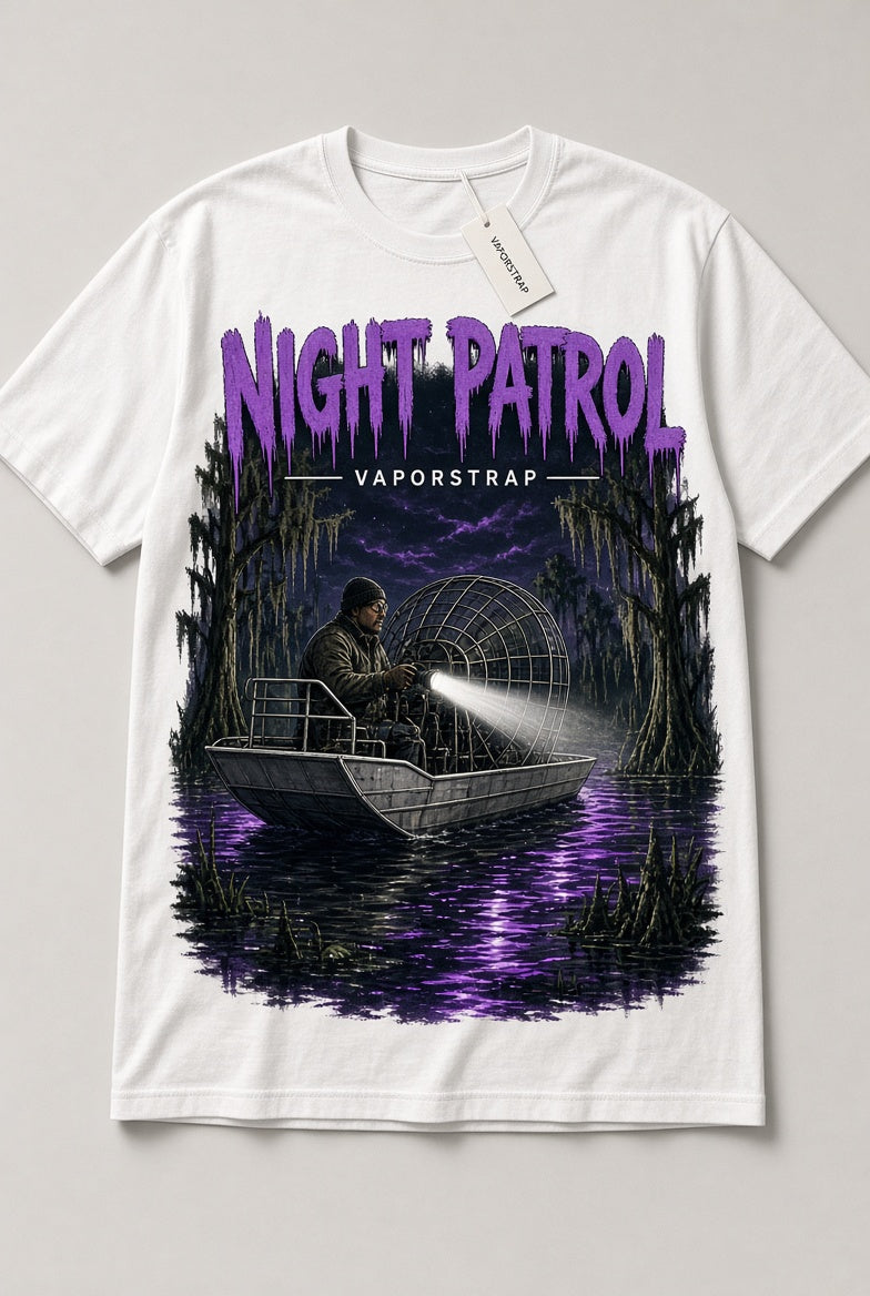 Night Patrol Tee – White — Night Patrol swamp airboat graphic