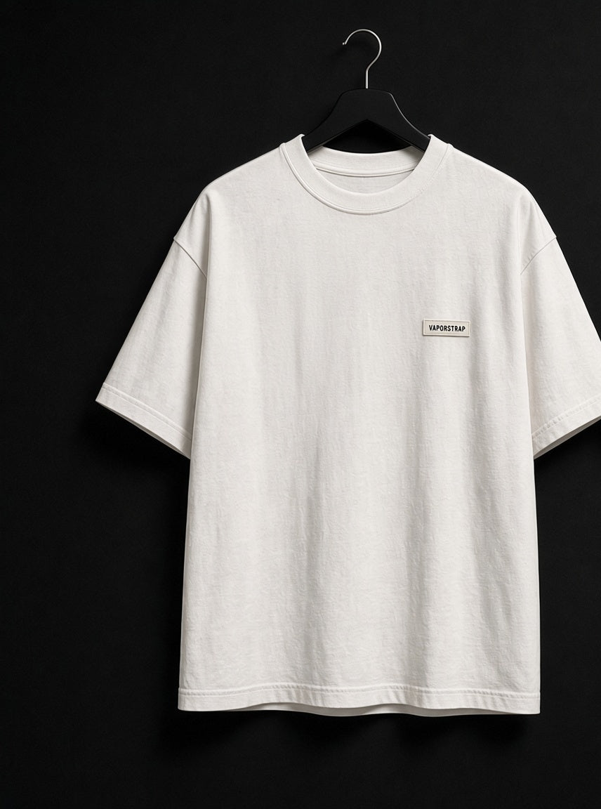 No Clean Version – white heavyweight graphic t-shirt, front print, small VaporStrap chest logo