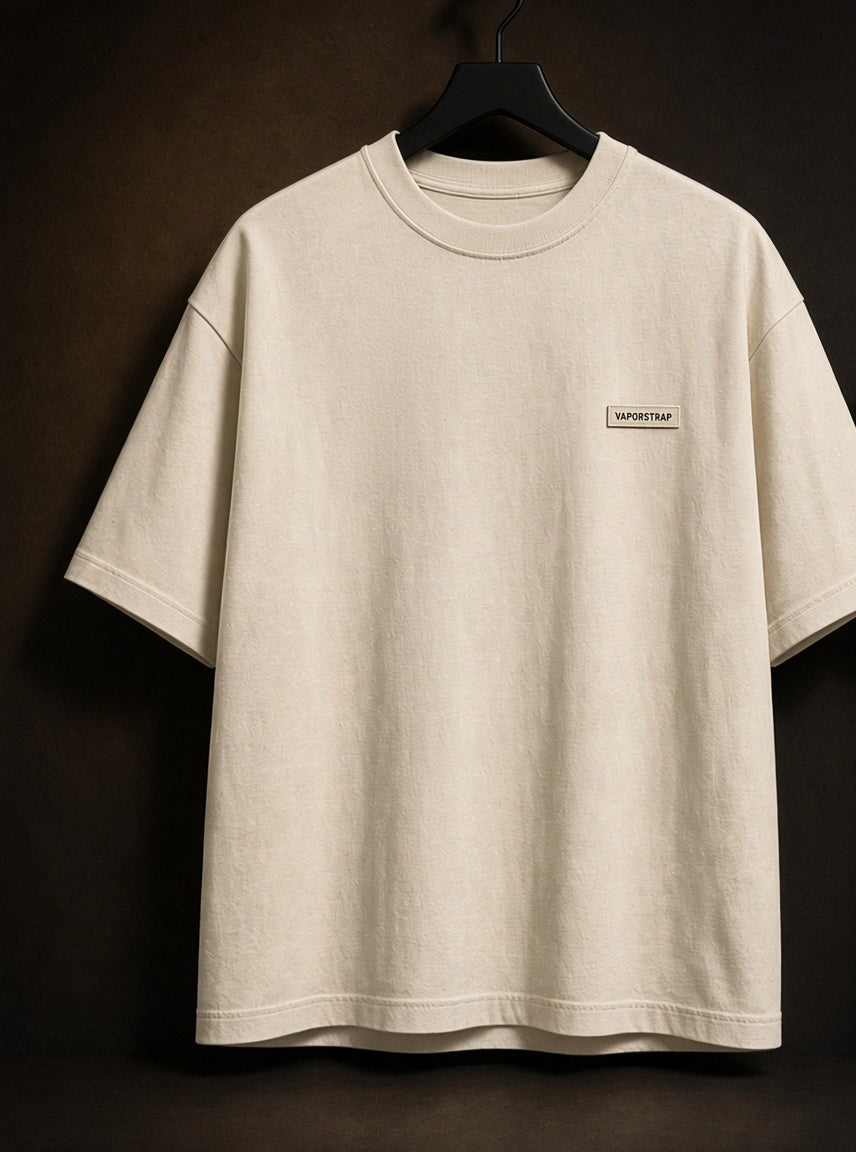 Stay Dangerous – cream heavyweight graphic t-shirt, front print, small VaporStrap chest logo