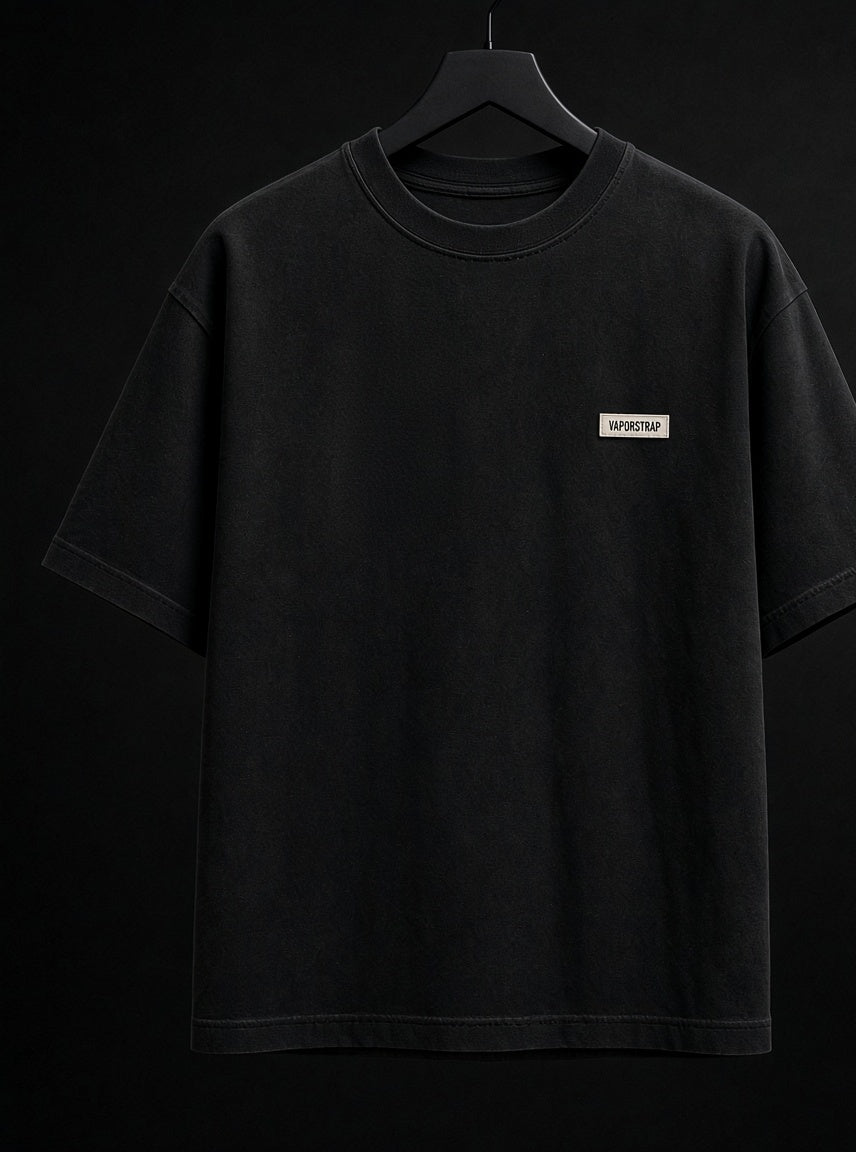 Worn Not New – black heavyweight graphic t-shirt, front print, small VaporStrap chest logo